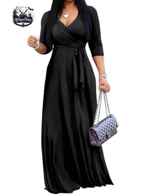 Plus Size Long Maxi Wrap Dress V-Neck 3/4 Sleeve Belted Sundress
